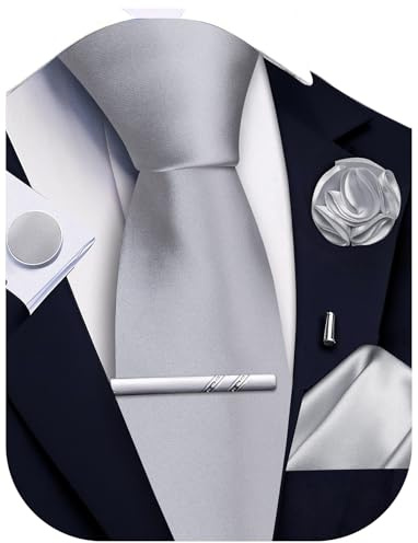 Ailisus Silver Tie and Pocket Square Set Solid Grey Necktie Cufflinks Tie Clip Lapel Pin for Men Wedding Business 5PCS