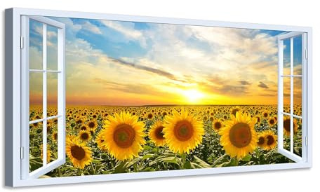 Quadro finestra panorama campo di girasoli tramonto - Stampa su tela con telaio in legno - 120x60 cm
