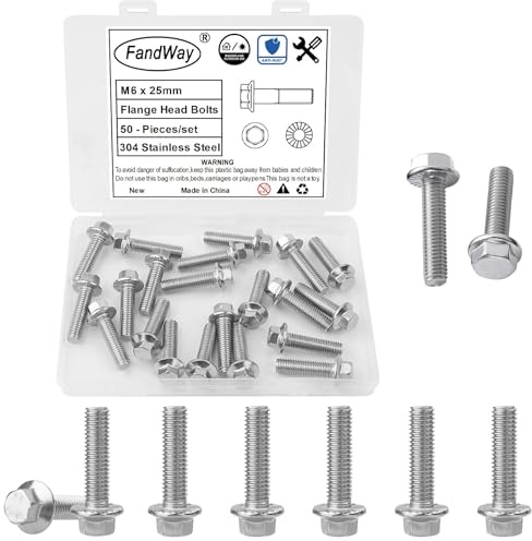FandWay 50 Pièces Boulons A Bride Hexagonale,M6x25mm Vis à Tete Hexagonale avec à Bride,Vis Boulons a Bride en Acier inoxydable A2 (V2A / 304) .Filetage Complet,Pas de Filetage de 1,0 mm.