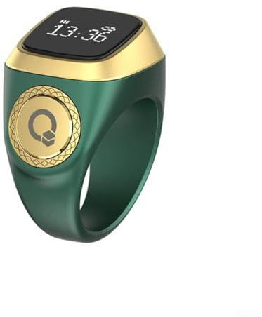 Honseadek IQibla - Anello Tasbih intelligente con display, contatore digitale impermeabile, promemoria vibrazione per i tempi di preghiera musulmana, app (18 mm verde)