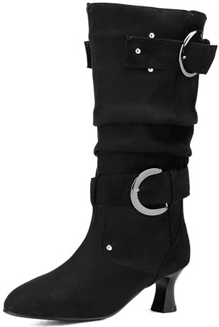 LarDorLin Donna Equestrian Senza Chiusura a Collo Alto Slouchy Stivali Punta Rotonda Inverno Vintage Tacco Gattino Riding Polacchine Fibbia Nero Numero 36 EU