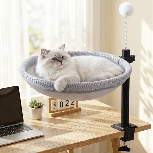 Lit de Bureau pour Chat, nid de Bureau pivotant à 360° et réglable en Hauteur avec Balle Suspendue Interactive, hamac pour Chat avec Housse Lavable pour Bureau à Domicile, supporte jusqu'à 40 lbs