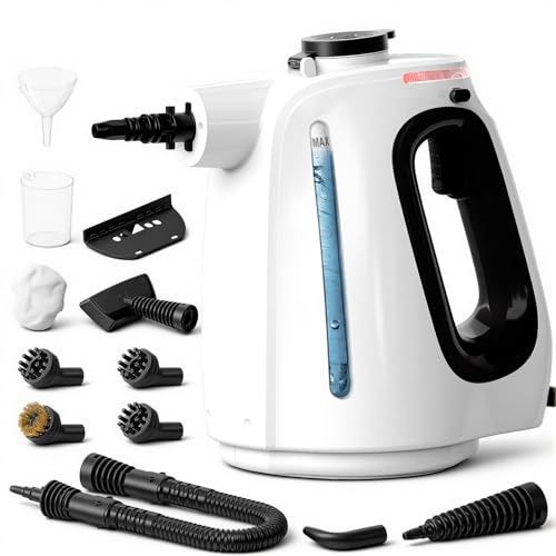 Hombasing Limpiador de Vapor Portátil, 1350W Vaporeta Limpieza Hogar, Vaporeta de Mano, Depósito de Agua visible de 550 ml, 10 Accesorios, para Limpiar Cocina, Baño, Juntas, Ventanas y Grasa