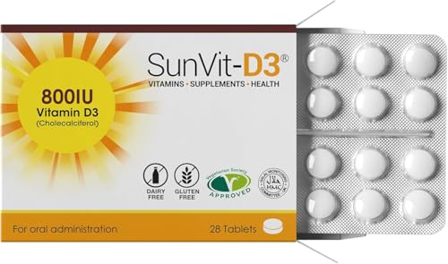 SunVit-D3 Vitamin D 800IU Tablets - Cholecalciferol Vitamin D Tablets Support The Maintenance of Bone, Teeth, Muscle & Immune System | Made in UK & GMP Approved - D3 Vitamins 28 Convenient Tablets