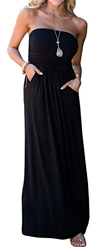 Ofenbuy Womens Off The Shoulder Maxi Dresses Summer Strapless Bandeau Long Dress with Pockets Black