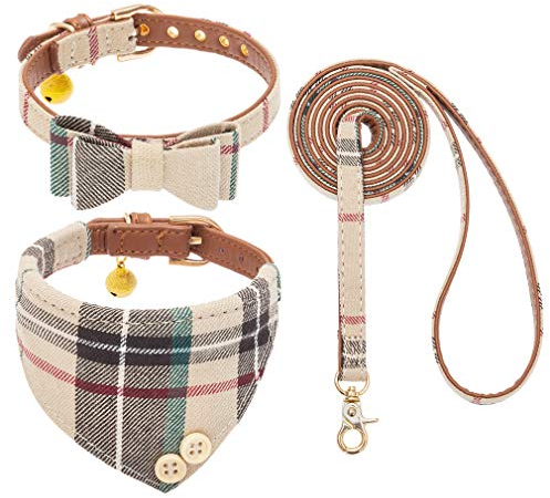 EXPAWLORER Hundehalsband und Leine, Set – klassische karierte Fliege und Hunde-Bandana-Halsband mit niedlicher Glocke, kein Verheddern, Hundeleine, verstellbares Welpenhalsband für kleine, mittelgroße