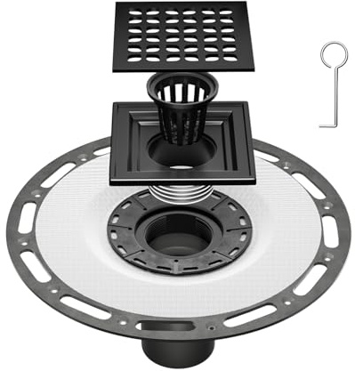 Fibetter Quadratische Duschrinne mit Flanschbasis, 10,4 cm (4 1/4 Zoll) abnehmbar, SUS 304 Edelstahl, Duschbodenablauf-Set, Haarfänger, Duschrinne mit Zubehör – Mattschwarz