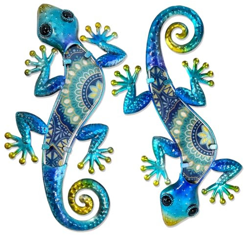 HONGLAND Metal Gecko Wall Art 2Pcs Outdoor Wall Decor Lizard Metal Hanging Wall Decoration Glass Sculpture for Garden Yard Patio Fence Home (Blue)