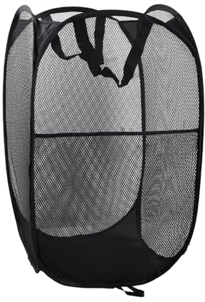 Plegable Pop-Up Malla Cesto de Ropa, Cestas de Almacenamiento Lavandería Sucia con Asa, Grande Canasta Portátil Colada, Bolsa Bin Juguete Organizador Emergente para Viaje (Negro)