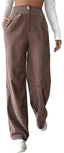 Vuncio Pantalon Femme Droit en Velours Côtelé Chic Et Élégant Fluide Large Hiver Grande Taille Ample Pas Cher Habillé Stylé Jogging Casual (Brun, 3XL)
