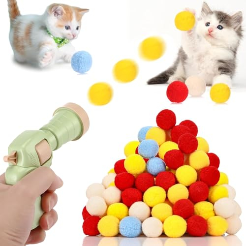 Collazoey Katzenspielzeug 50 Bälle, Ball Pistole, Plush Interactive Toy, Training Launcher, Bunte Geräuschloser Spielzeug für Indoor