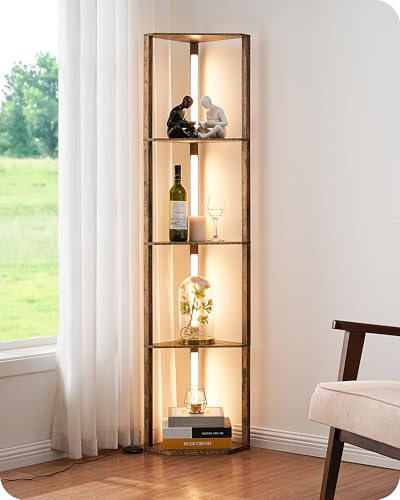 EDISHINE LED Floor Lamps with Shelves, 4 Layers Wood Dimmable Standing Lamp, 360° Rotatable Poles, Corner Floor Lamps for Living Room Bedroom Office, Dark Brown