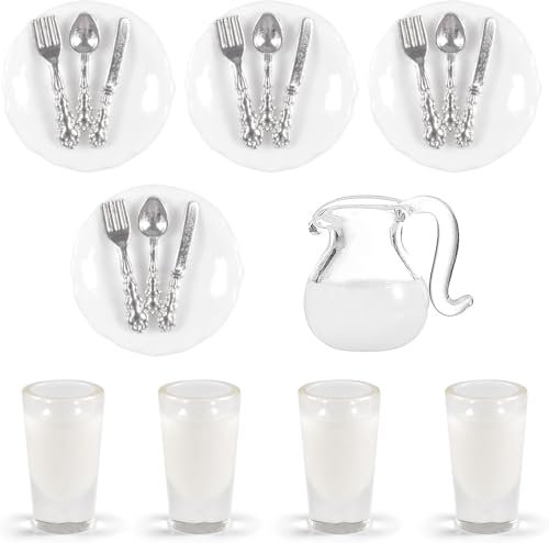 Puppengeschirr Porzellan, 21PCS Puppenhaus Zubehör 1:12 Porzellan Miniaturteller Set Gabel Löffel Messer Milchbecher Milchdose Metallgeschirr Modell Puppenhaus Küchendekoration für Rollenspiele