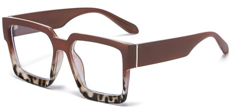 LJCZKA Oversized Square Blue Light Glasses for Women Men Big Thick Frame Chunky Computer Gaming Eyeglasses Anti Glare Headache Eyewear (Brown Tortoise, 0.0, x)