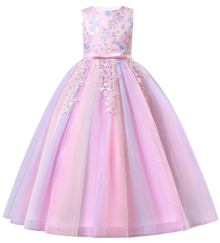 FYMNSI Flower Girl Dress Kids Sleeveless Wedding Bridesmaid Pageant Evening Formal Birthday Party Puffy Rainbow Tulle Tutu Princess Long Maxi Dresses First Communion Ball Prom Gown Pink 7-8 Years