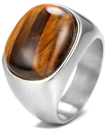 Anillo de ojo de tigre natural de piedra de acero inoxidable elegante y duradero, joyería con estilo para caballeros de moda, U, Metal