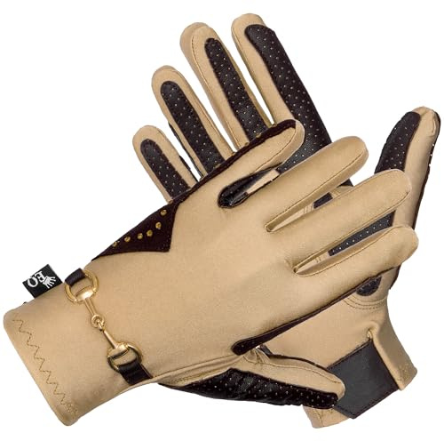 EQUESTRIAN QUEEN Gants d'équitation pour femme en cuir pour écran tactile - Gants élastiques en lycra avec grip antidérapant - Gants d'équitation toutes saisons - Trangan (marron/or, M)