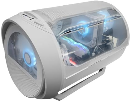 Mars Gaming MC- CYLON, Caja Gaming MicroATX, Diseño Cilíndrico de Turbina, Panel Cristal Templado y Ventana Superior Curvada Panorámica, Ventilador Frontal RGB 200mm + Ventilador Trasero 120mm, Blanco