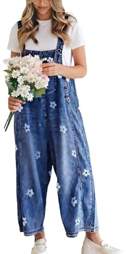 utcoco Women Floral Printed Adjustable Strap Denim Bib Overall Wide Leg Jeans Casual Baggy Overalls Jumpsuit (Small, Dark Blue)