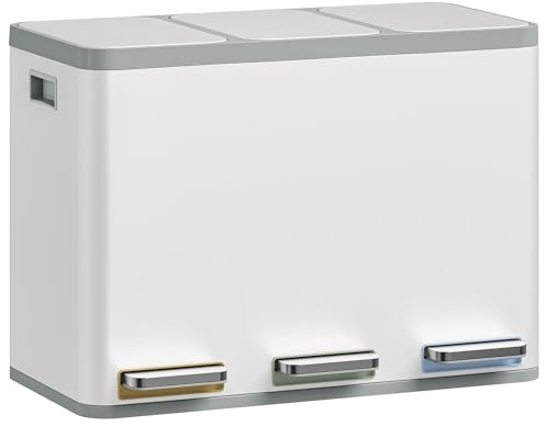 Hzuaneri Mülleimer Küche, Mülltrennsystem 3 Fächer 45L (3 x 15 L), Edelstahl-küchenmülleimer, Tretmülleimer mit Farbcodierbaren Pedalen, Abfalleimer Ruhiger Langsamer Abstieg, Weiß SW04599W