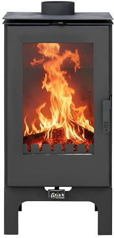 ALAZ K8M-L Kaminofen 9 kW – Holzofen Schwarz | Brennraum mit Schamott, großes Sichtfenster & Aschefach | Für Holzscheite bis 50 cm | Energieeffizienzklasse A