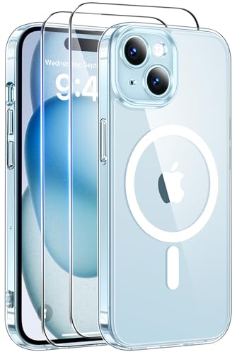 Qasyfanc Funda para iPhone 15 6,1 Pulgadas Compatible MagSafe con 2 Protectores de Pantalla, Protección Militar Respaldo AntiAmarillo Antiarañazos Respaldo Antigolpes Carcasa Bumper, Transparente
