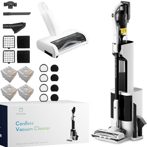 Greenote Aspirapolvere per scopa senza fili 23 kPa con stazione di scarico automatica, sistema di sacchetti per la polvere da 2,5 l, accessori completi, autopulente, multifunzione per pavimenti duri