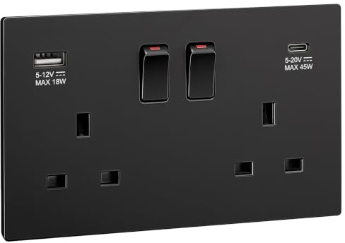 SURAIELEC 45W Black Double Socket with USB C, 2 Gang 13A DP Switched Plug Socket, 45W PD Fast Charge, Screwless Double Sockets, Child Safe, Fits 25mm Back Box, Matt Black