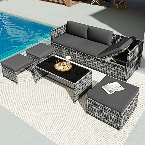 ModernLuxe 4–6 Seater Poly Rattan Garden Furniture Set, Outdoor Patio Furniture with Garden Sofa, Stool and Coffee Table, Powder-Coated Steel Frame, Washable Pillowcases, Grey