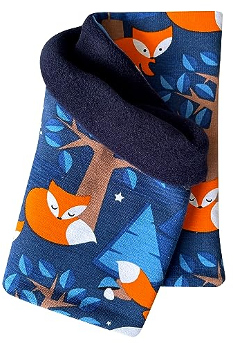 Wollhuhn Mädchen/Damen/Jungen Warmer Schlupfschal/Halstuch Innen Fleece Gefüttert Viele Motive Winter Übergangszeiten (Nightfox Dunkelblau/Orange)