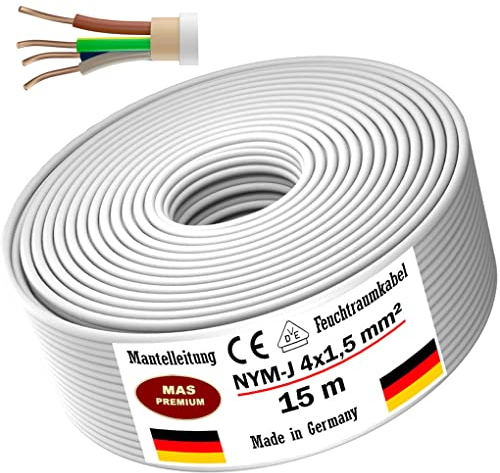 MAS-Premium Feuchtraumkabel Stromkabel von 5m bis 100m Mantelleitung NYM-J 4x1,5 mm² Elektrokabel Ring für feste Verlegung (15m)