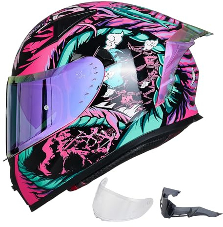 ILM Casco Moto Integrale per Uomo e Donna-Casco Moto con 2 Visiere Compatibile con Pinlock Trasparente e Colorato-Casco Motocross Street Bike ECE Modello Z501,Legend Pink,S