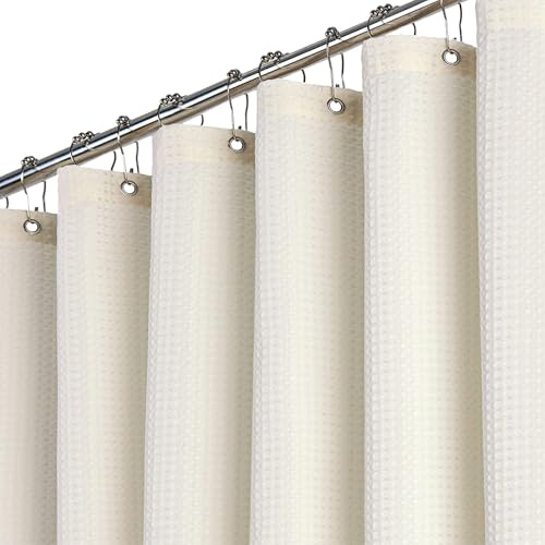 BTTN Waffle Weighted Shower Curtain, Waterproof, 182x182cm, Beige/Cream | 12 Plastic Hooks, Laminated Waterproof Backing, Mould Proof Resistant, Weighted Fabric for Bathroom & Wet Room, Washable