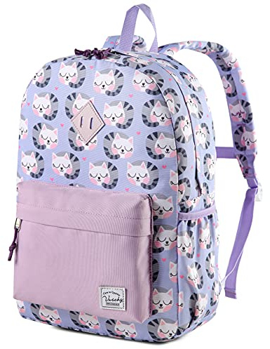 VASCHY Zaino scolastico per bambini, per ragazzi e ragazze, zaino per bambini con fibbia sul petto, Gattino Viola, Chaton Violet, Carino