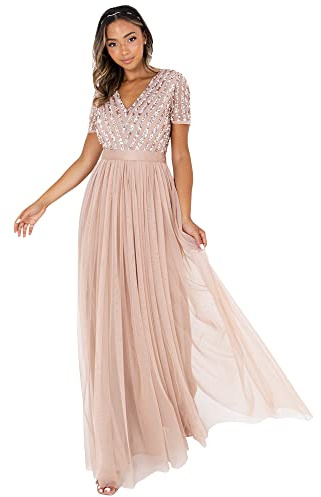Maya Deluxe Damen Maya Deluxe Stripe Embellished Maxi With Sash Belt Bridesmaid Dress, Taupe Blush, 42 EU