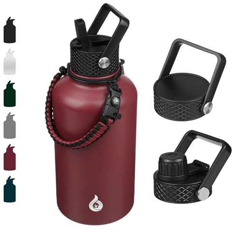BJPKPK Half Gallon Insulated Water Bottles with Straw Lid, 64oz Large Water Cups, Stainless Steel Bottles with 3 Lids and Paracord Handle, Thermos for Hot & Cold Liquid, Brick Red