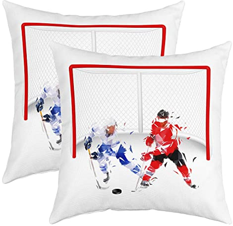 Ishockeysport tema kuddfodral idrottare i rött blått mönster fyrkantigt kuddöverdrag för sovrum abstrakt målning vinter accent dekorativt kuddöverdrag för barn vuxna, vit, 50 cm x 50 cm