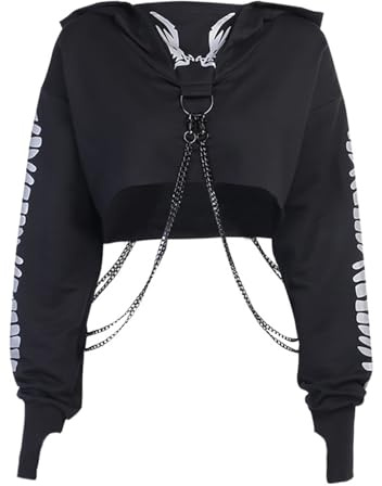 DINGJIUYAN Y2k Gothic Hoodies for Women Hooded Long Sleeve Crop Tops | Halloween Mesh Sweatshirt with Chain,Punk,Grunge,Dark Streetwear for Party,Club