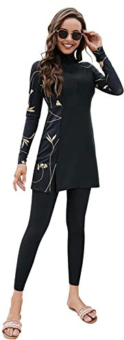 Solid Color Muslim Swimsuits for Women Islamic Modest Swimwear Long Sleeve Swim Dress Top + Pants 2pcs Black 01 M