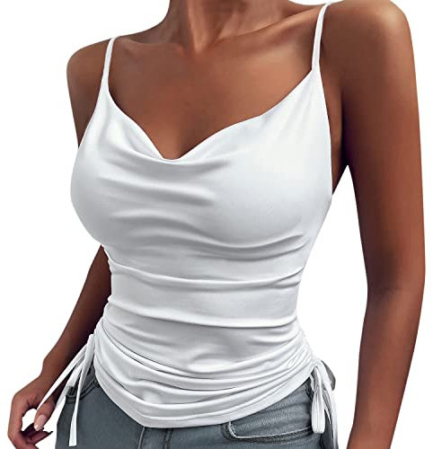 SEDEX Caraco sexy à col bénitier et bretelles spaghetti pour femme - Débardeur ample et confortable sans manches avec col en V doux - Coupe ajustée - Pour l'été et la plage (blanc, L)