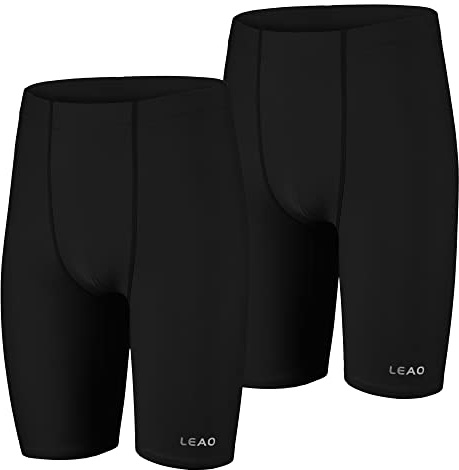LEAO 2-Pack Youth Boys Swim Jammers Solid Swimsuit UPF 50+ Sun Pretection Quick Dry Athletic Swimming Shorts Black/Black L