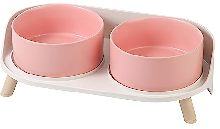 Elevated Dog Food Water Bowl - Raised Dog Bowls with Stand Non Skid - Double Dog Feeding Bowl Set with Splash Proof Guard - Ceramic Pet Dish for Small to Medium Dogs and Large Cats - 11.3 oz - Pink