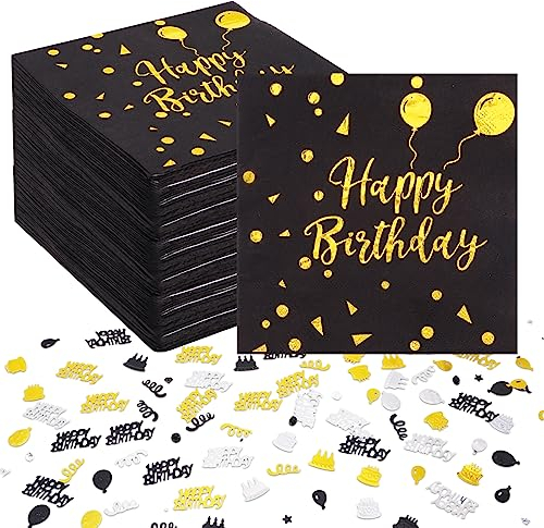 ALTcompluser 60 Stück Servietten Geburtstag, 33x33cm Geburtstagsservietten Schwarz Gold Happy Birthday Servietten mit Geburtstag Konfetti, Papierservietten Napkins für Geburtstag Party Deko