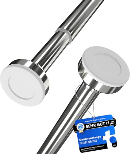 MEISENBERG Gardinenstange zum Klemmen 110-200cm, Silber, Ø 25 mm, Duschstange ohne Bohren - Vorhangstange Klemmstange für Fenster, Dusche, Terrasse und Trennwand - 1Stück