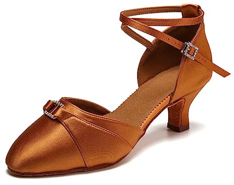 HROYL Women Closed Toe Dance Shoes Latin Salsa Tango Standard Practice Performence Party Ballroom Dance Shoes EM3527-Brown-2 Heel,US 9.5
