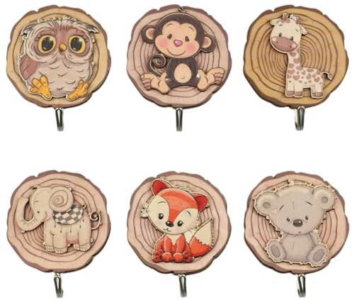Zfseyuh Ganci Appendiabiti Bambini 6 Pezzi Appendiabiti da Parete Bambini per Animali Gancio da Parete Adesivo in Legno Appendi Chiavi a Muro Decorazioni per Cameretta