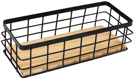 Gzsekken Wire Storage Basket Bins Organizer,Metal Wire Baskets Bathroom Detachable Wood Base Storage Organizer Bin Black Basket for Kitchen Cabinets, Bathroom, Pantry, Garage, Laundry Room