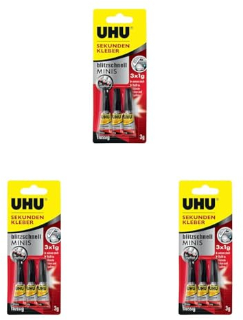 UHU Sekundenkleber blitzschnell Minis flüssig, 3x original versiegelte Tuben Sekundenkleber, 3 x 1 g (Packung mit 3)