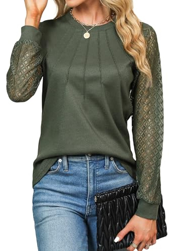 Cuptacc Blusa Donna a Maniche Lunghe T-Shirt Collo Rotondo Top con Pizzo Maniche Monocolore Casual Tunica Elegante Verde Esercito, Taglia Grande L 42-44