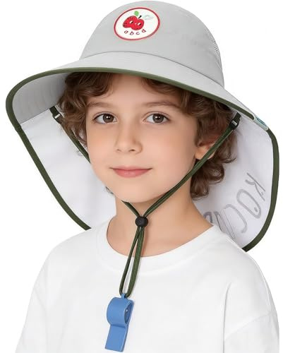 Justerbar solhatt för baby och småbarn med hakrem och visselpipa, hinkhatt för barns solskydd (45-50 cm, grå)